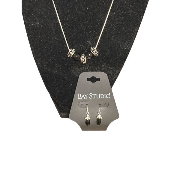 Bay Studio Silvertone and Black Gem Necklace and Earrings Set NWT - Picture 5 of 6